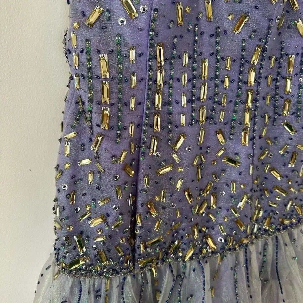 Party Time Formals Women’s Purple Iridescent All over Beaded Bodice Tulle Mini D